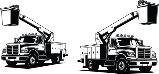 Utility bucket truck, boom lift, maintenance vehicle, power line repair, streetlight service, construction equipment, elevated work platform, flat vector illustration, infrastructure, service © Merajul