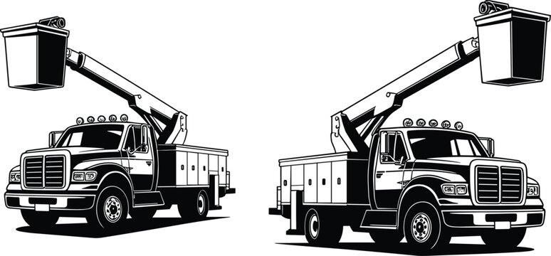 Utility bucket truck, boom lift, maintenance vehicle, power line repair, streetlight service, construction equipment, elevated work platform, flat vector illustration, infrastructure, service