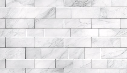 Fototapeta premium The illustration shows a wall of rectangular white marble tiles with subtle gray veining, arranged in a repeating pattern.