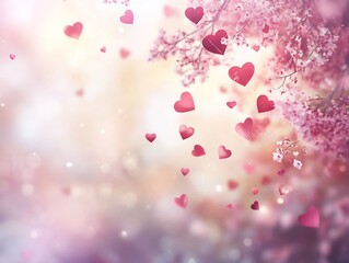 Obraz premium Romantic blossoms and floating hearts create a dreamy valentine backdrop
