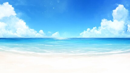 Serene tropical beach with white sand, turquoise water, and fluffy clouds creating a tranquil seaside scene