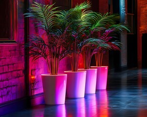 Neon Pink Light Palm Plants in White Pots Brick Wall Interior Design