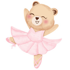 Watercolor cute pink ballerina bear illustration