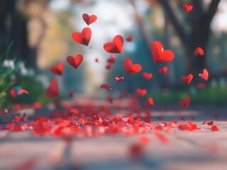 Floating hearts on a path, a romantic Valentine's Day scene in nature