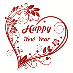 Elegant Happy New Year Greeting Card Design with Floral Heart Shape, Decorative Swirls, Leaves, and Flowers – Romantic Holiday Vector Illustration