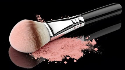 Makeup Brush and Blush Powder on Black Background
