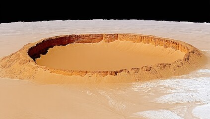 Large, circular crater on a sandy, light orange/tan plain, ringed by reddish-brown cliffs, with white frost/ice