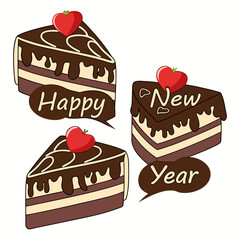 Happy New Year Chocolate Cake Illustration with Heart and Strawberry Decorations – Sweet Dessert Vector Design for Festive Greeting Cards and Holiday Celebrations