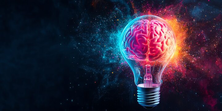 Exploding lightbulb in neon watercolor style, exposing a glowing human brain inside, vibrant energy bursts, isolated background, concept of brilliant ideas and innovation