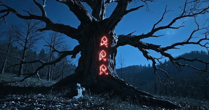 A gnarled, ancient tree with glowing red symbols carved into its trunk under a dark, moonlit sky.