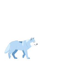 Stylized Light Blue Wolf Walking on Plain White Background Pixelated Animation Style
