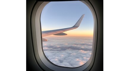 Fototapeta premium Golden Hour Flight - Airplane Wing and Cloudscape Viewed Through Oval Window.