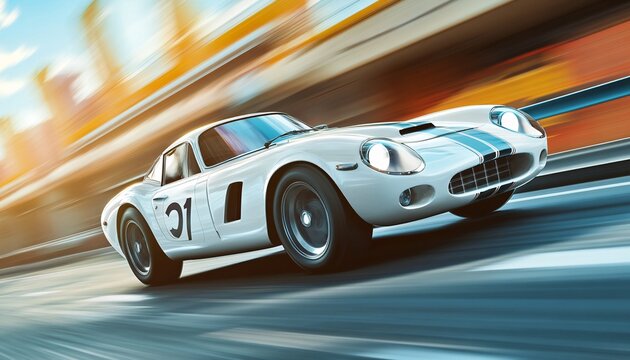 A white vintage race car with blue stripes is shown driving fast on a race track, the background blurred by motion.