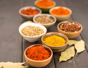 Colorful spice bowls on dark wood