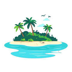 Tropical Island Pixel Art with Palm Trees Sandy Beach and Turquoise Water Under Blue Sky with Birds Minimalist Vector Illustration