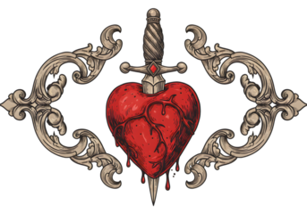 Isolated Illustration Of Heart With Dagger And Ornate Frame on Transparent Background