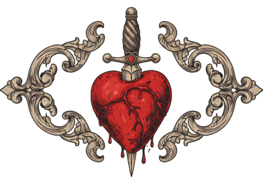 Isolated Illustration Of Heart With Dagger And Ornate Frame on Transparent Background