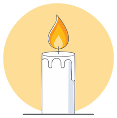 White Candle with Melted Wax and Burning Flame Flat Vector Illustration Icon