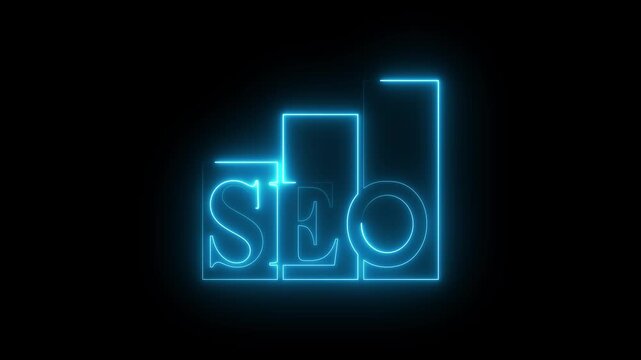 SEO text designed as rising bar charts, neon glowing animation on black background, digital marketing concept, data growth visualization