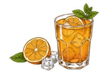Isolated Illustration Of Orange Cocktail With Ice Cubes And Mint