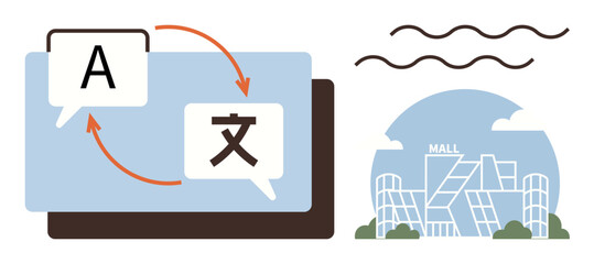 Dialogue bubbles with language translation arrows and a contemporary mall structure. Ideal for communication, translation, globalization, shopping, travel, linguistics, consumer interaction. Simple