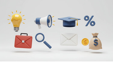 Collection of 3D icons symbolizing business, finance, education, and marketing for strategic planning and growth