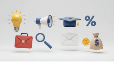 Collection of 3D icons symbolizing business, finance, education, and marketing for strategic planning and growth