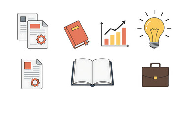 Illustration of icons representing business, education, and innovation with a lightbulb, graph, and books