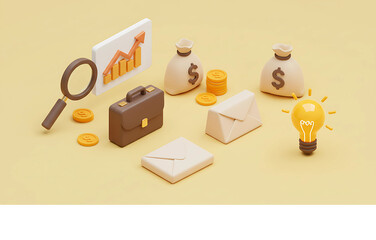 3D concept of financial success and business development with icons representing profit, market analysis, and innovative strategy