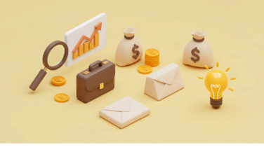3D concept of financial success and business development with icons representing profit, market analysis, and innovative strategy