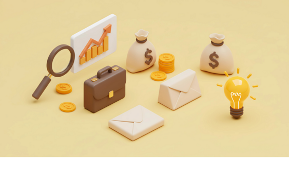 3D concept of financial success and business development with icons representing profit, market analysis, and innovative strategy