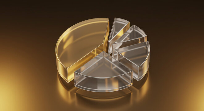 3D rendered crystal pie chart with a luxurious gold and neon gradient backdrop. Ideal for business presentations, data visualization projects, dashboards, analytics reports, infographics