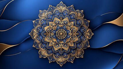 A stylized floral pattern in gold and deep blue. A beautiful, symmetrical gold mandala on a textured blue surface.