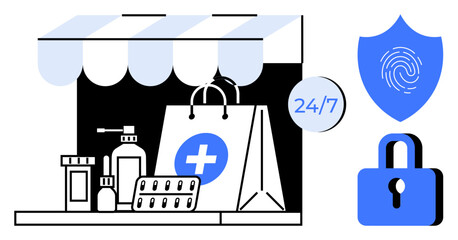 Pharmacy bag with medical products under awning, clock highlighting 247 access, shield with fingerprint, lock icon. Ideal for healthcare, security, e-commerce, online shopping, pharmacy services