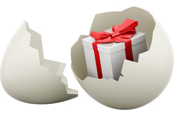 Gift box inside broken chicken egg, transparent background