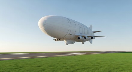 Modern Airship Ascending Over Green Field, Clear Blue Sky, Futuristic Transportation Concept.