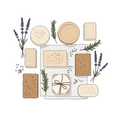 Assortment of Handmade Soaps with Lavender and Rosemary on Light Background
