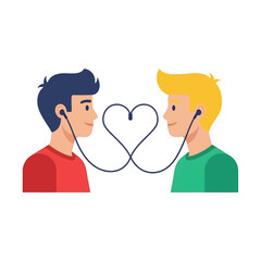 Two People Listening Music with Headphones Creating a Heart Shape Between Them on White Background