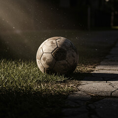 A weathered soccer ball rests on grass beside a cracked pavement, bathed in sunlight.
