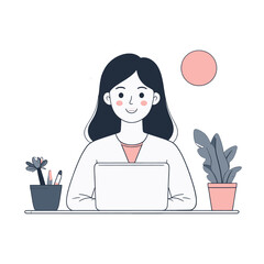 Illustration of a Young Woman with Short Dark Hair in White Long Sleeve Top with Potted Plants and Pink Circle on White Background