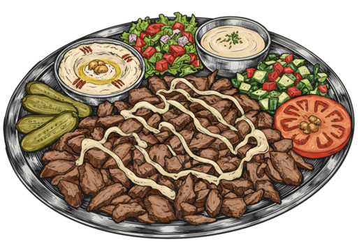 Isolated Illustration of Shawarma Dish with Hummus Salad and Garnishes - Powered by Adobe