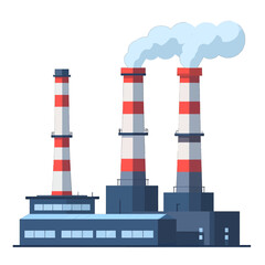 Industrial Factory with Blue Building and Red Striped Smokestacks Releasing White Smoke on Clear Background