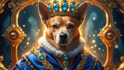 A regal dog portrayed as a royal monarch, wearing an ornate golden crown adorned with large turquoise and sapphire gemstones. The dog has tall pointed ears, a calm and noble expression, and is dressed
