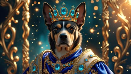 A regal dog portrayed as a royal monarch, wearing an ornate golden crown adorned with large turquoise and sapphire gemstones. The dog has tall pointed ears, a calm and noble expression, and is dressed