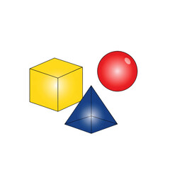Geometric Shapes Composition Featuring a Yellow Cube a Red Sphere and a Blue Pyramid on White Background Rendered in Vector Style Illustration