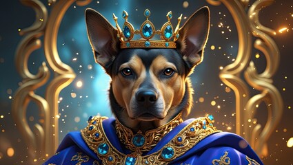 A regal dog portrayed as a royal monarch, wearing an ornate golden crown adorned with large turquoise and sapphire gemstones. The dog has tall pointed ears, a calm and noble expression, and is dressed