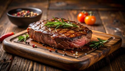 A perfectly grilled steak, garnished with rosemary sprigs, rests on a wooden cutting board. 