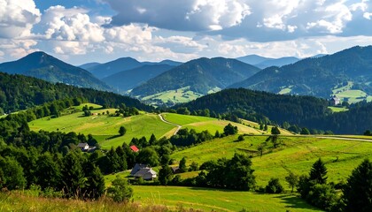A vibrant landscape of rolling hills and distant mountains under a partly cloudy sky. 