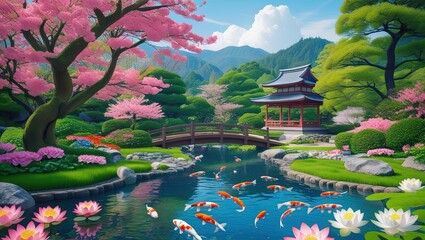 A serene and beautiful Japanese garden with lush green trees, blooming cherry blossoms, and vibrant colorful flowers. In the center is a clear blue pond filled with orange and white koi fish swimming 