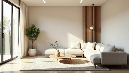 Serene minimalist living room featuring neutral tones, clean lines, and natural light Simple decor creates a calm and uncluttered space, perfect for relaxation and quiet contemplation , zen, window